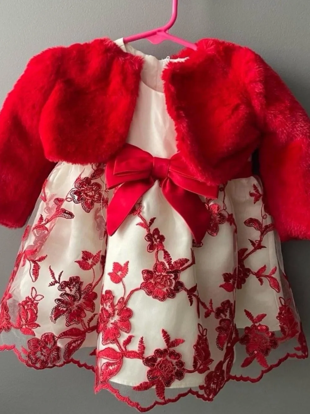 Red Floral Bow Party Dress with Red Faux-Fur Jacket
